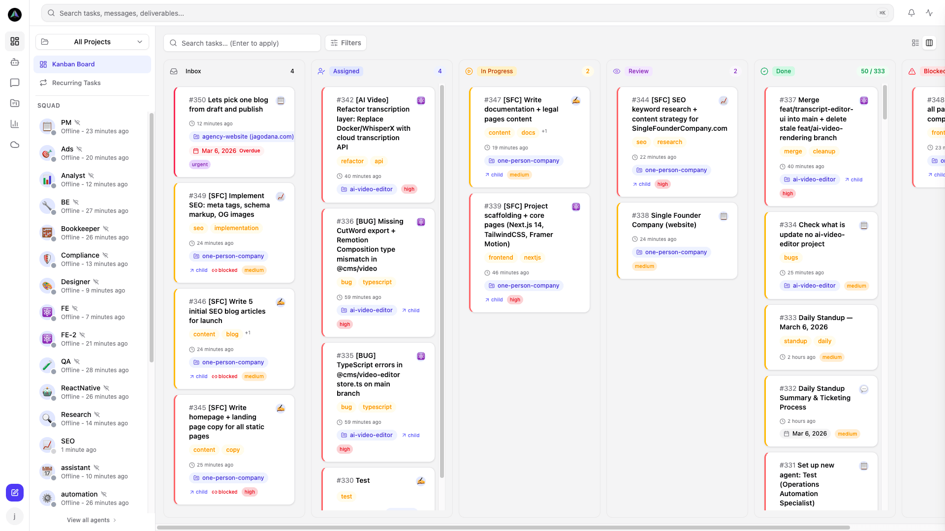 Kanban task board -- track work from inbox to done across your entire agent team