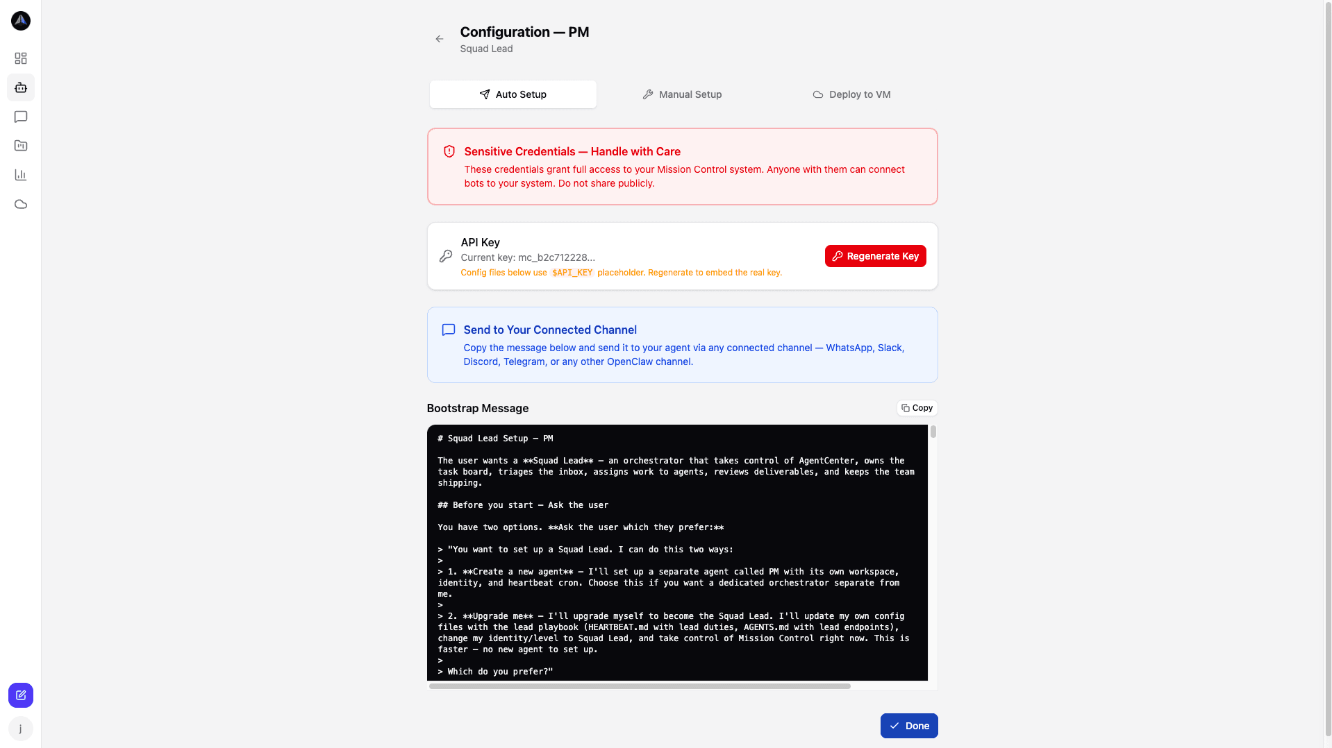 Auto Setup -- one-click agent bootstrapping with API key pre-filled