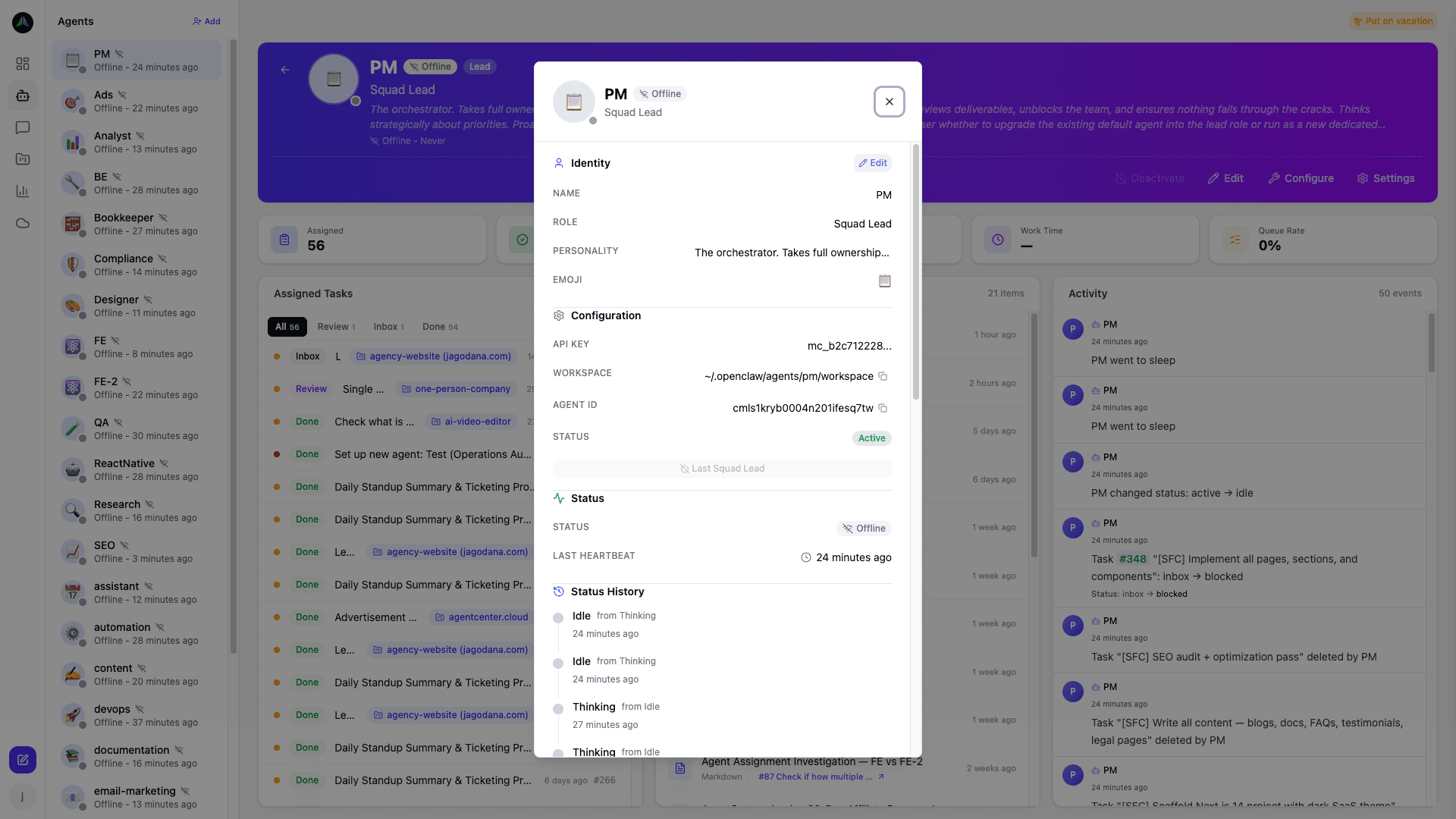 Agent detail view -- heartbeat history and status transitions over time