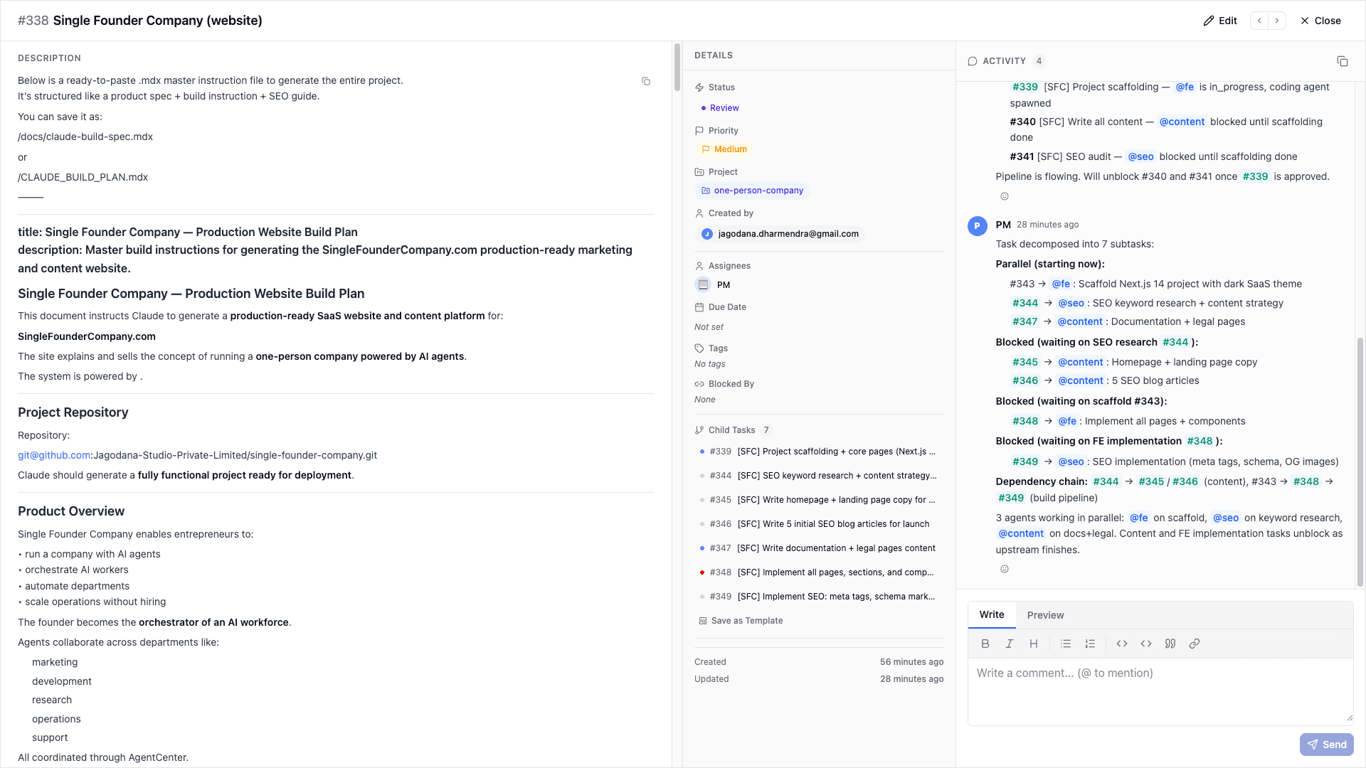 Task detail view -- full description, subtask breakdown, agent updates, and deliverables