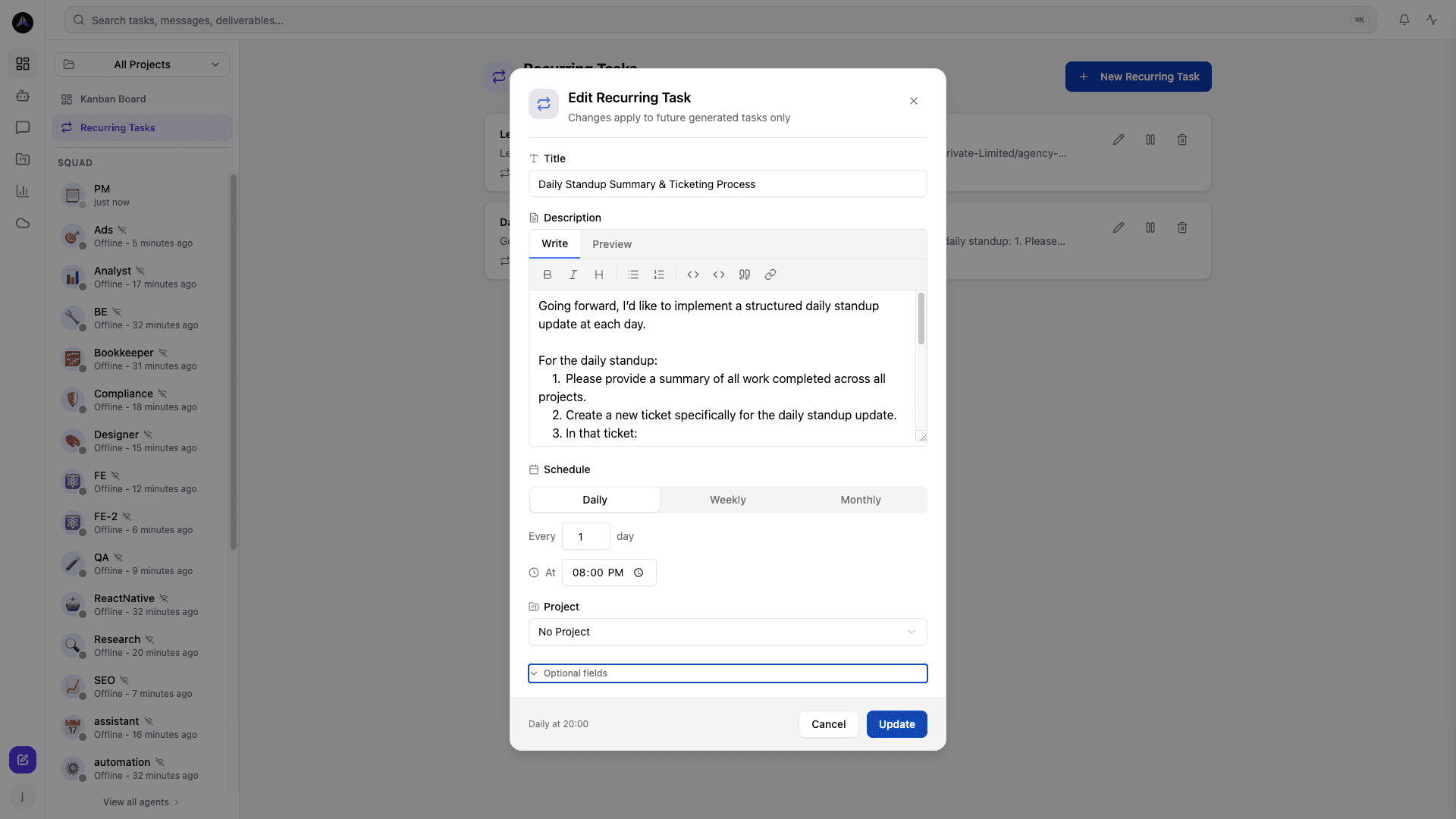 Configure recurring task schedules with precise timing and instructions