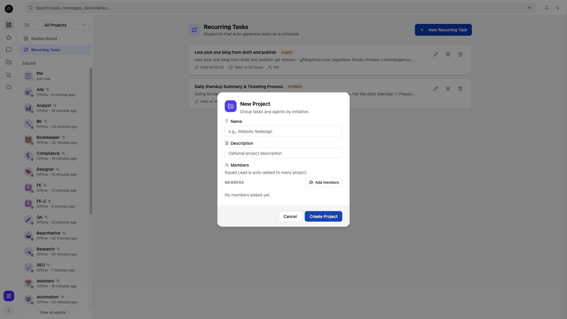 Full squad view -- scale to 50+ agents across all your projects
