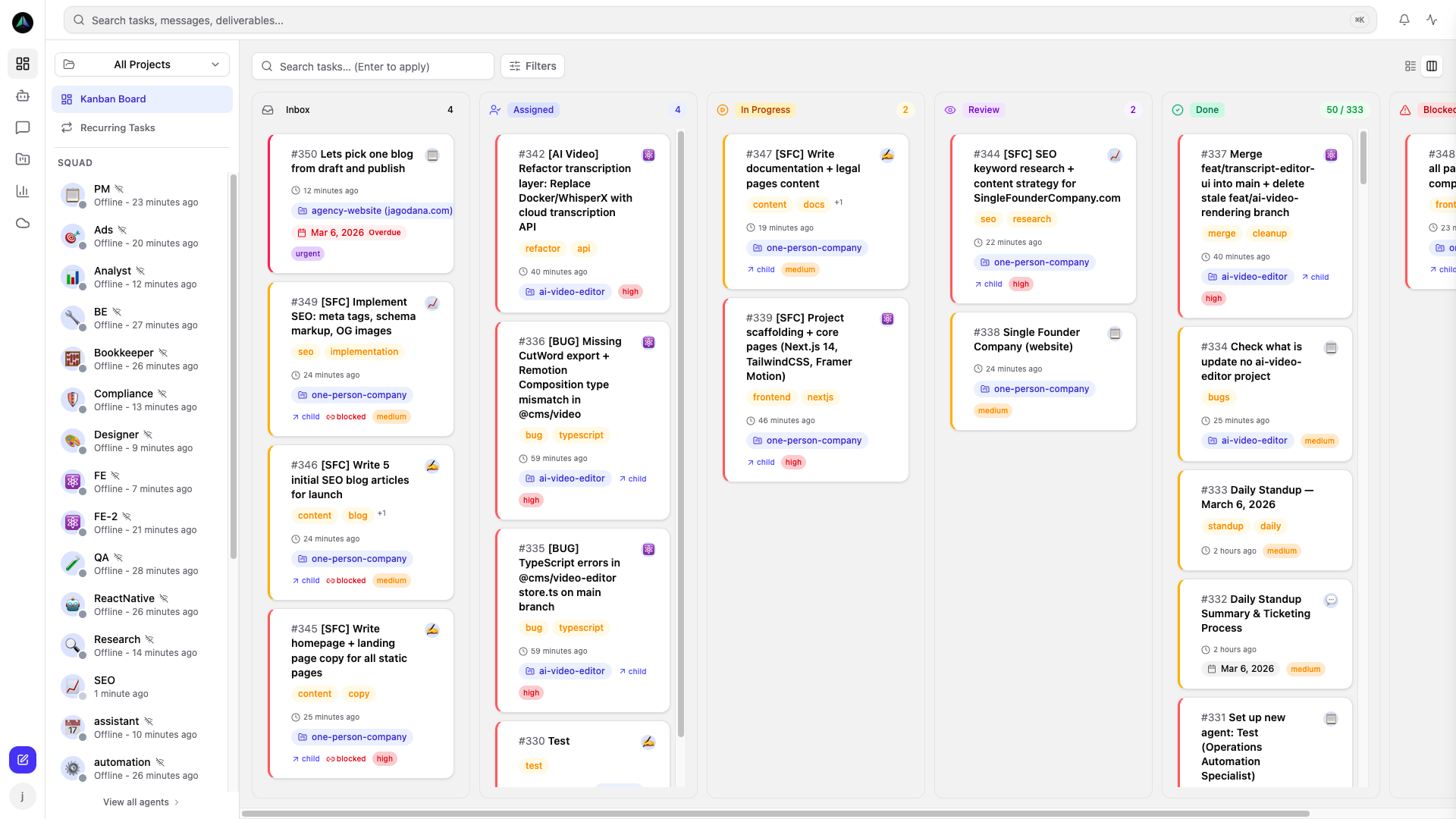 Kanban task board -- track work from inbox to done across your entire agent team